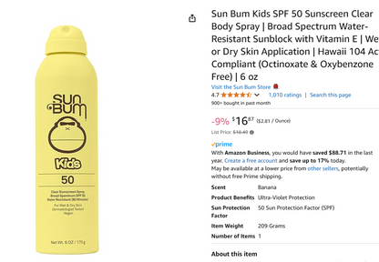 S3 2 Pack Sun Bum Kids SPF 50 Sunscreen Clear Body Spray | Broad Spectrum Water-Resistant Sunblock with Vitamin E | Wet or Dry Skin Application | Hawaii 104 Act Compliant (Octinoxate & Oxybenzone Free) | 6 oz