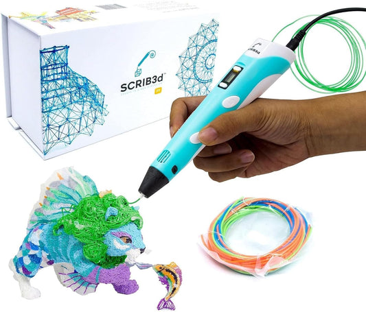 S3 SCRIB3D P1 3D Printing Pen with Display - Includes 3D Pen, 3 Starter Colors of PLA Filament, Stencil Book + Project Guide, and Charger