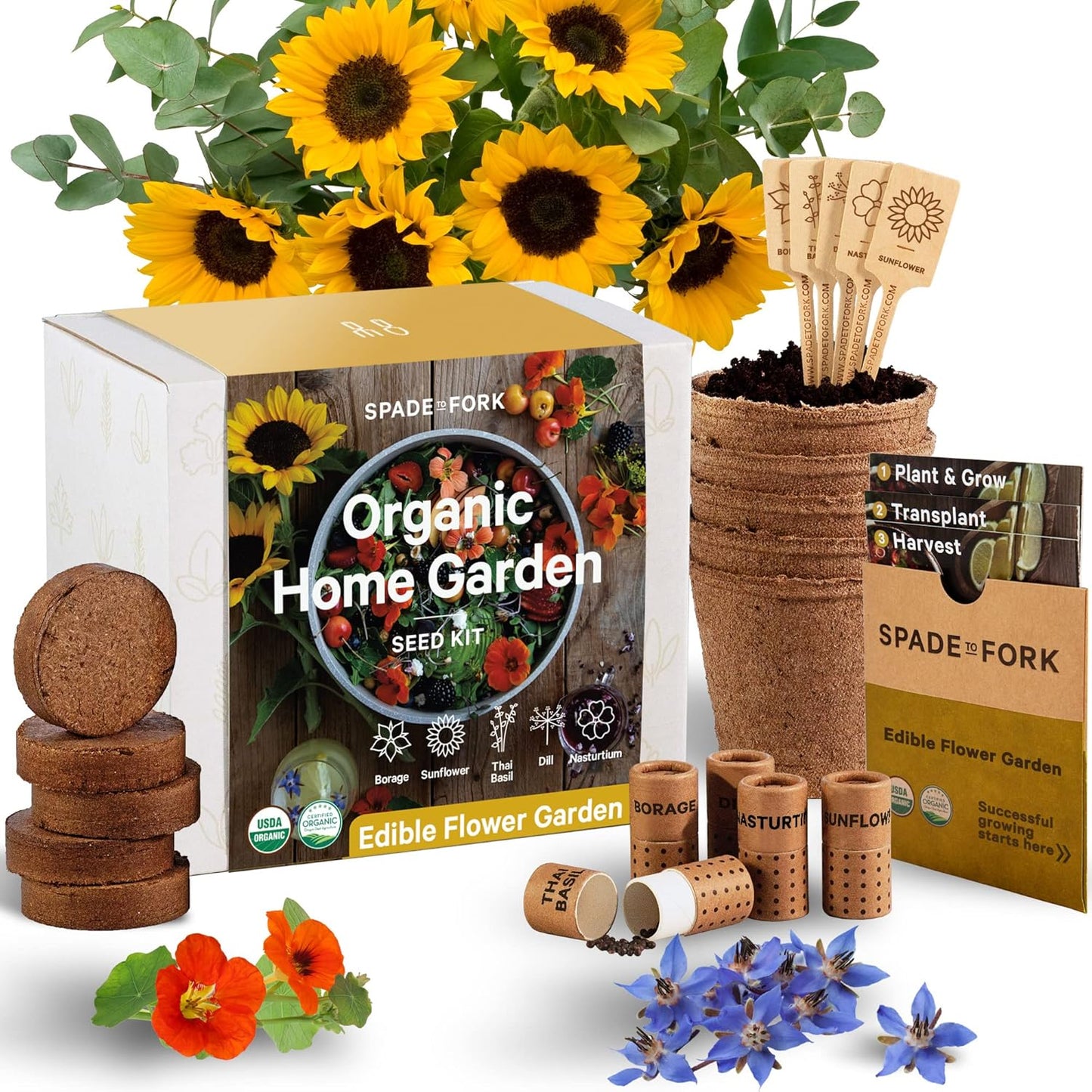 S1 Organic Edible Flower Garden Seed Kit - 23pc Indoor Garden with Soil, Pots, Plant Markers, USDA Organic Non-GMO Seeds & Illustrated Instructions - Sunflower, Borage, Thai Basil, Dill, Nasturtium